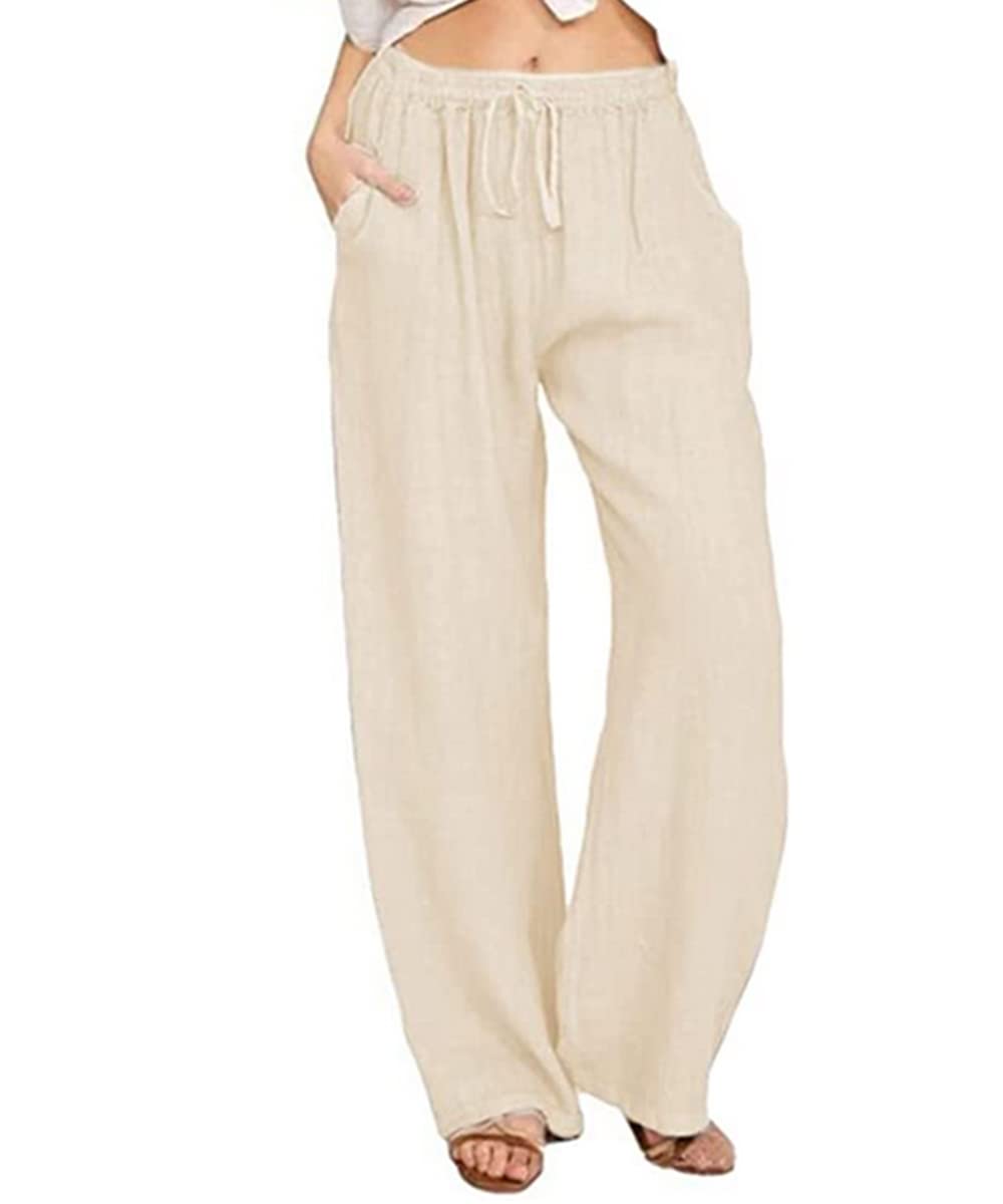 utcoco Womens Cotton Linen Drawstring High Waisted Pants Casual Loose Fit Wide Leg Trousers (L Khaki)