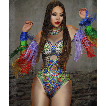 Rhinestone Tassel Jumpsuit for Nightclub Performance