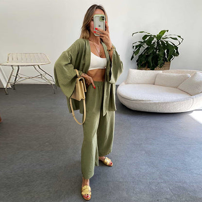2023 Cotton Linen Cardigan & Wide Leg Pants Set