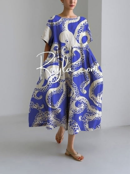 Chrysanthemum Print Women's Casual Short Sleeve Dress