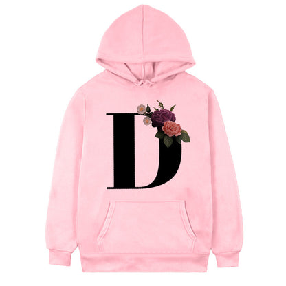 Women's Fleece Hoodie with 26-Letter Flower Print