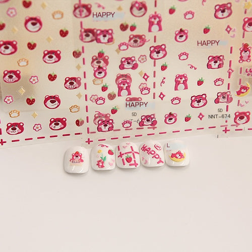 5D Strawberry Bear Nail Stickers for Cute Decor