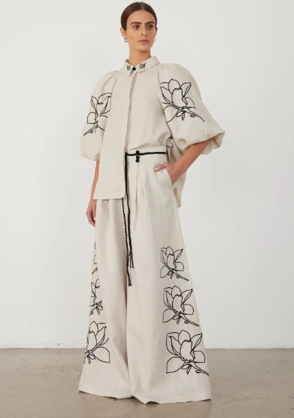 European & American Spring/Summer Cotton-Linen Printed Wide-Leg Pants Suit