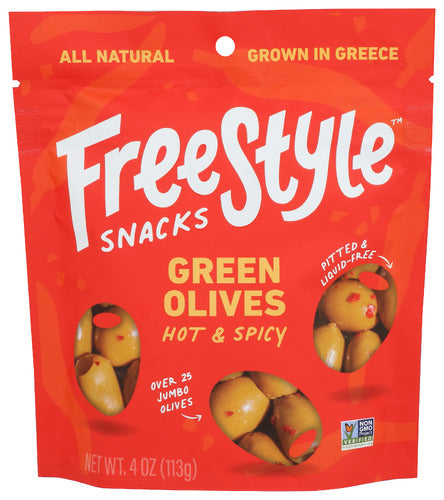 FREESTYLE SNACKS: Olives Green Hot Spicy, 4 OZ
