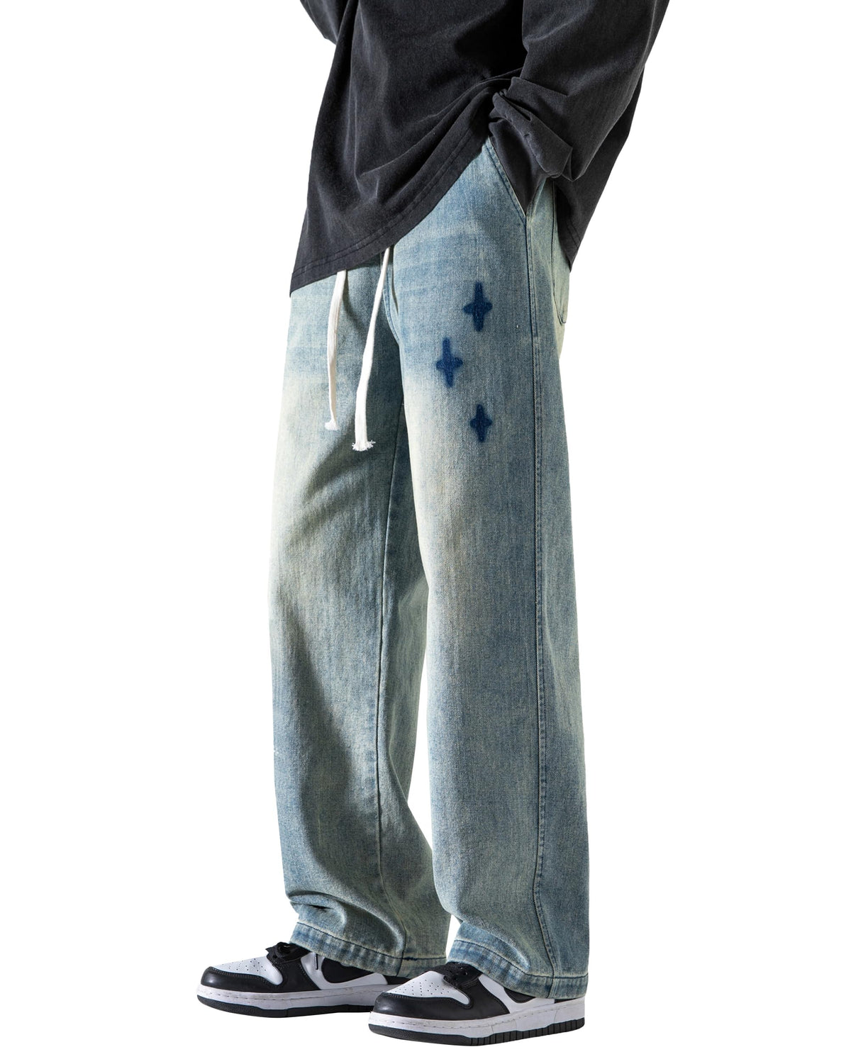 PRIJOUHE Mens Wide Leg Jeans Elastic Waist Baggy Jeans Casual Drawstring Denim Pants Trousers