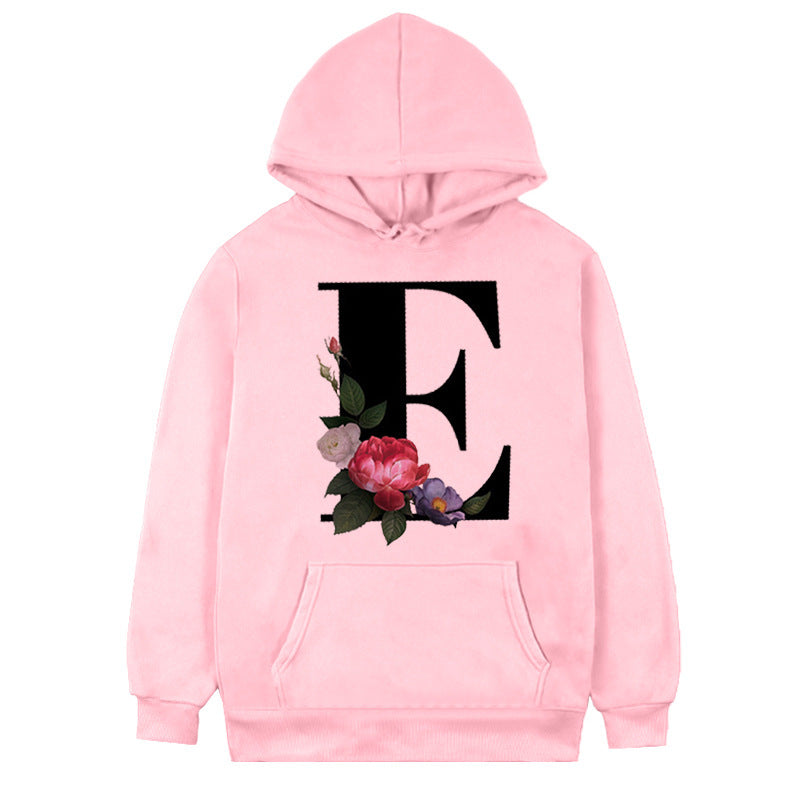 Women's Fleece Hoodie with 26-Letter Flower Print