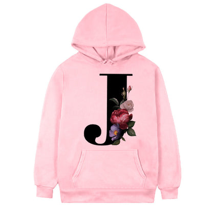 Women's Fleece Hoodie with 26-Letter Flower Print