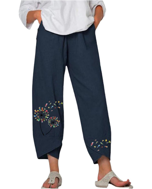 BIVENANT Capri Pants for Women Casual Cotton Linen Wide Leg Cropped Trousers Lounge Palazzo Elastic Waist Loose Lightweight Retro Printed Pant with Pockets