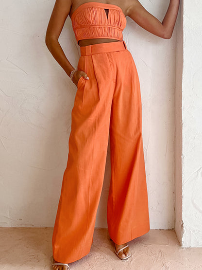 Orange Linen Wide-Leg Pants for Women (One Piece)