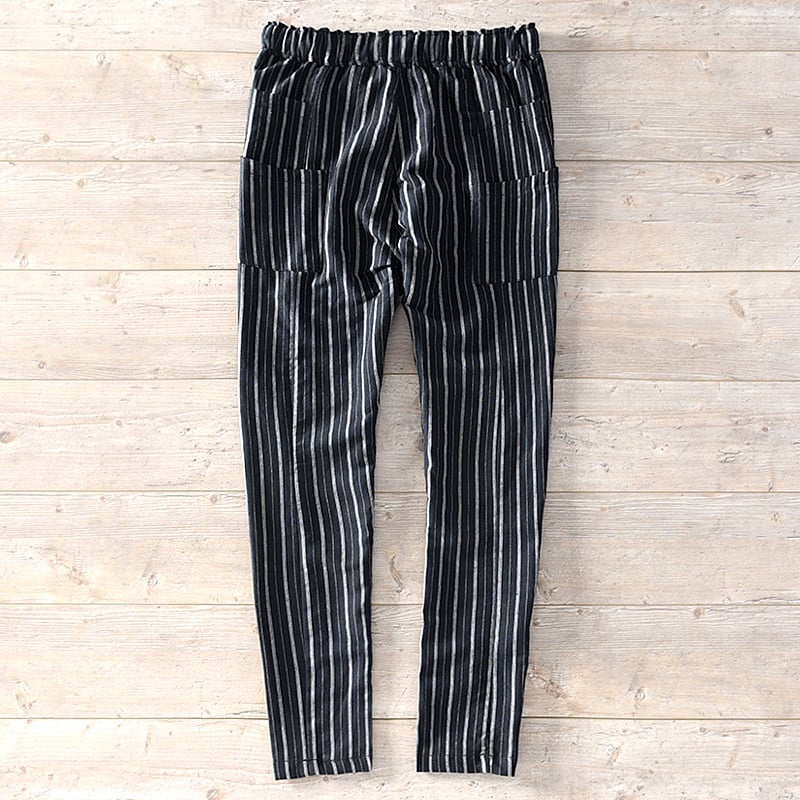 Striped Linen Casual Trousers with Elastic Waist Tie