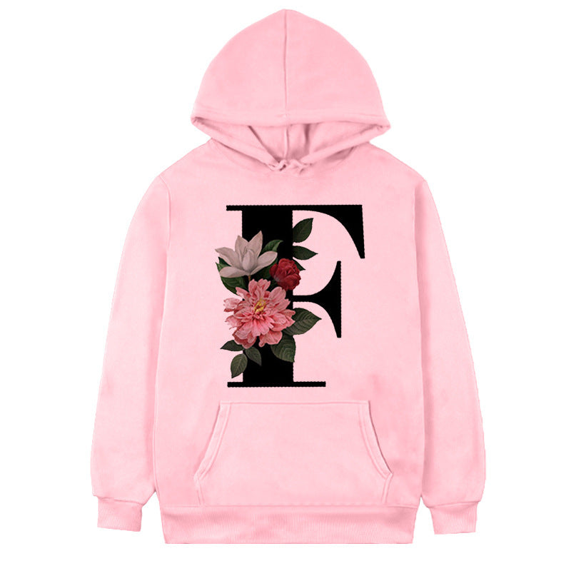 Women's Fleece Hoodie with 26-Letter Flower Print