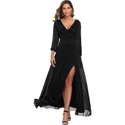 V-neck Long Sleeve Solid Color Dress with Slit Hem