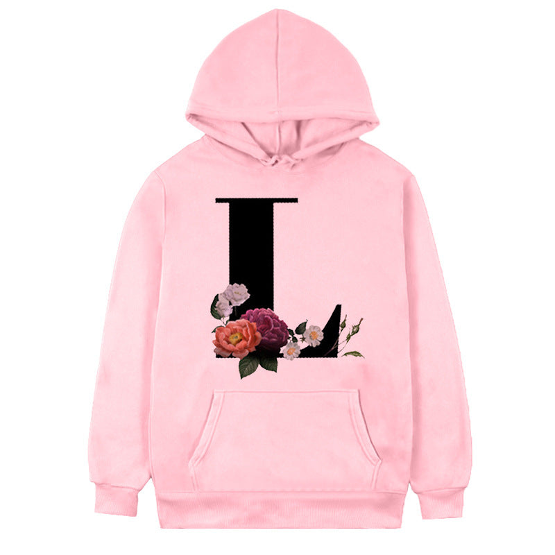 Women's Fleece Hoodie with 26-Letter Flower Print