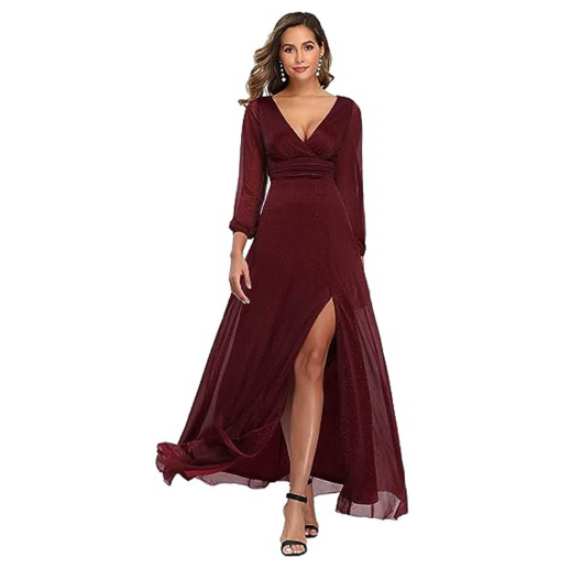 V-neck Long Sleeve Solid Color Dress with Slit Hem