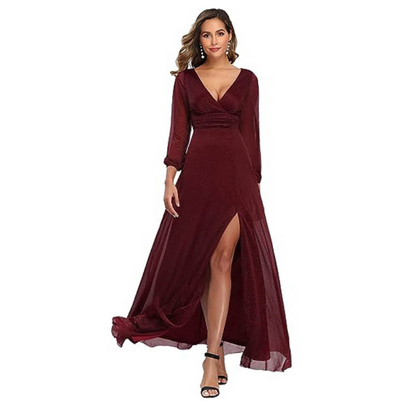 V-neck Long Sleeve Solid Color Dress with Slit Hem