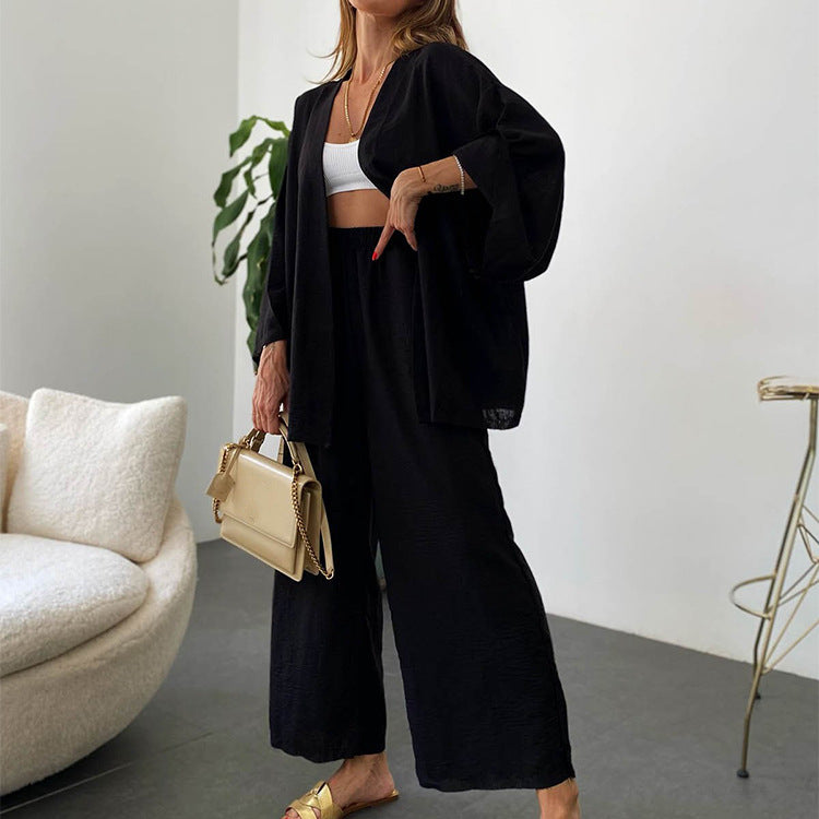 2023 Cotton Linen Cardigan & Wide Leg Pants Set