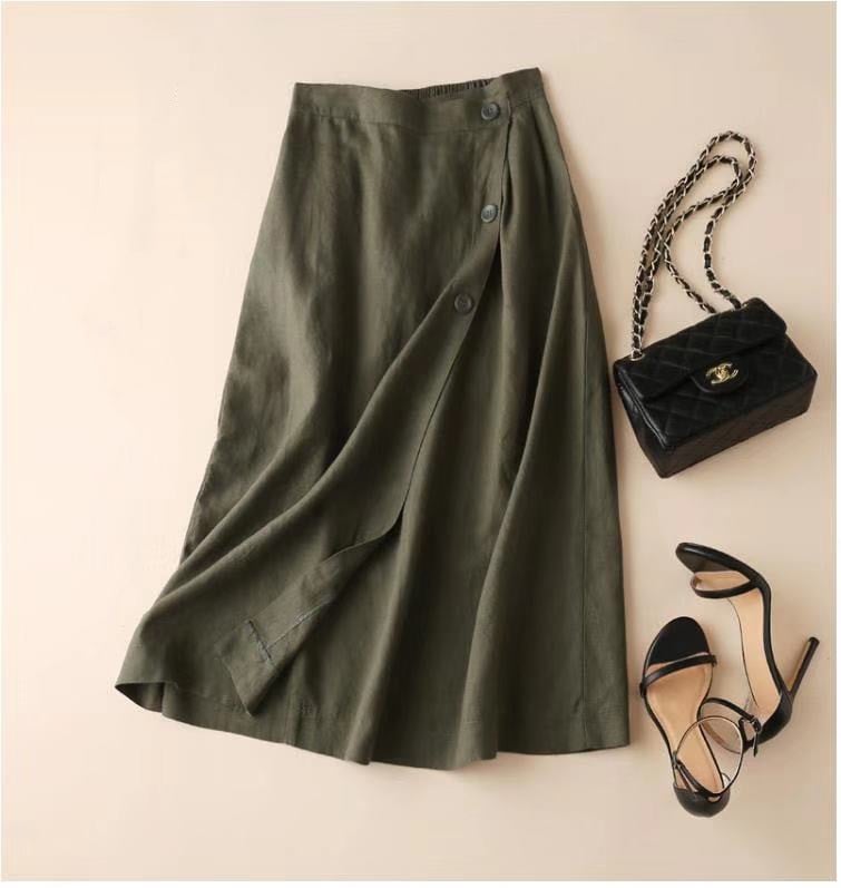 Women's Casual Cotton Linen Long Elastic Waist Skirt