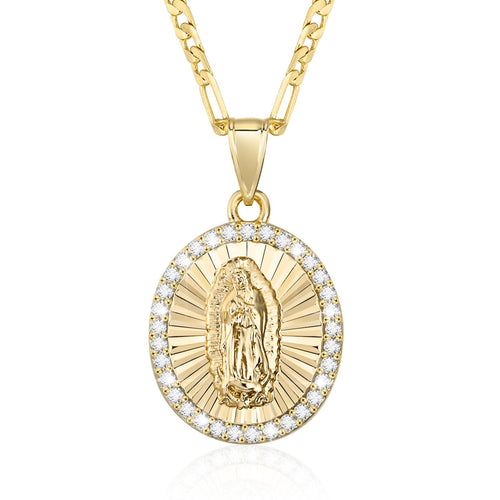 Hisatan 14k Gold Plated Guadalupe Virgin Mary Pendant Necklace for Women Cubic Zirconia Mother Mary Catholic Necklace Virgen de Guadalupe Charm Pendant Lady of Guadalupe Jewelry 18"+2" Chain