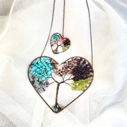 Natural Crystal Heart Tree of Life Dreamcatcher Pendant