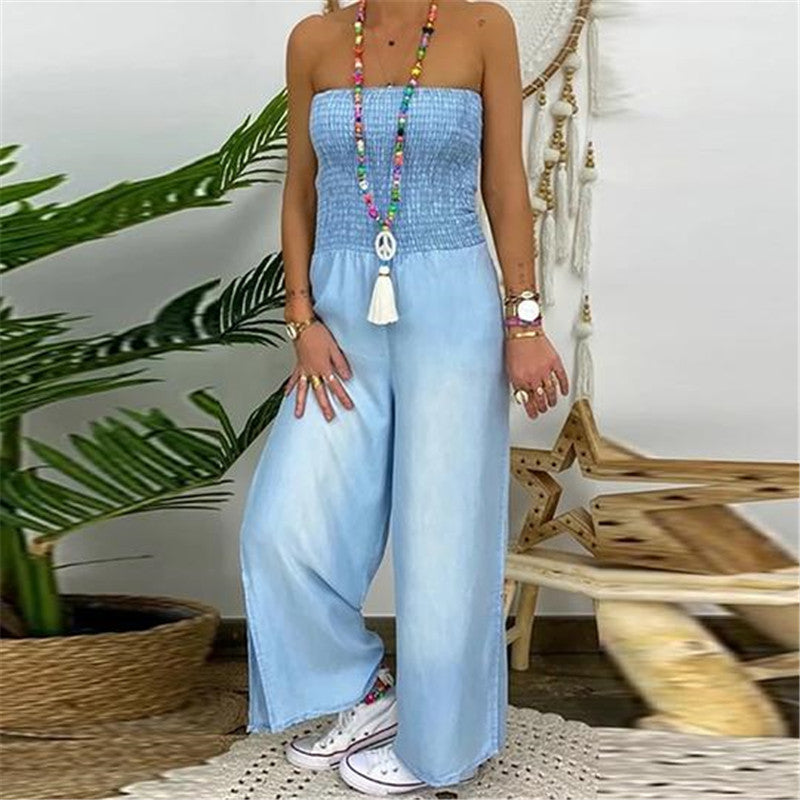 Elastic Slim-fit Wide-leg Casual Denim Trousers