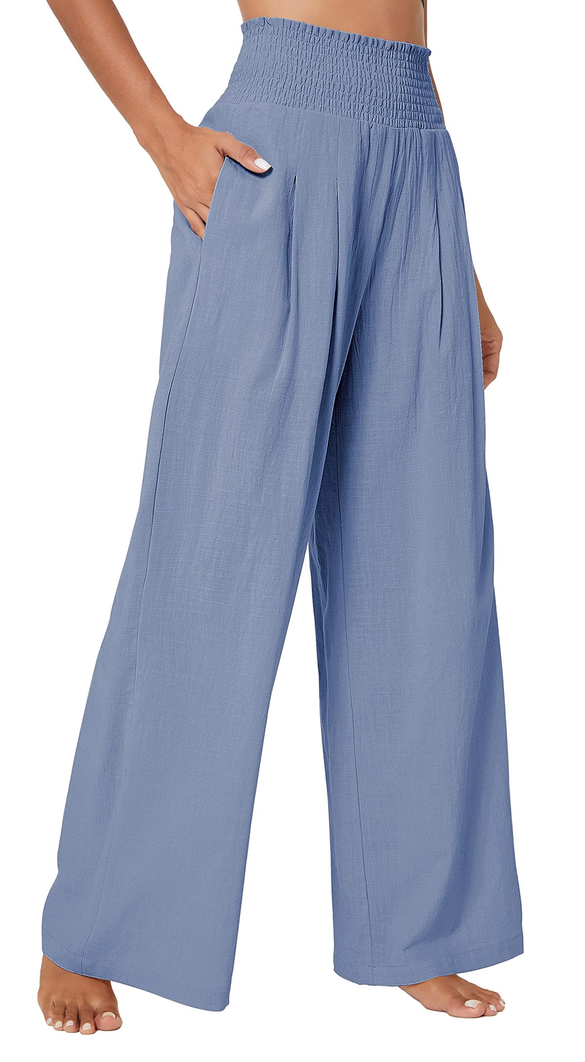 Urban CoCo Womens Elastic High Waist Light Weight Loose Casual Wide Leg Trousers Long Pants with Pocket (S Blue)