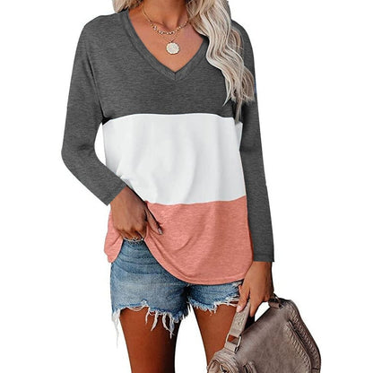 V-neck Long Sleeve Patchwork T-shirt