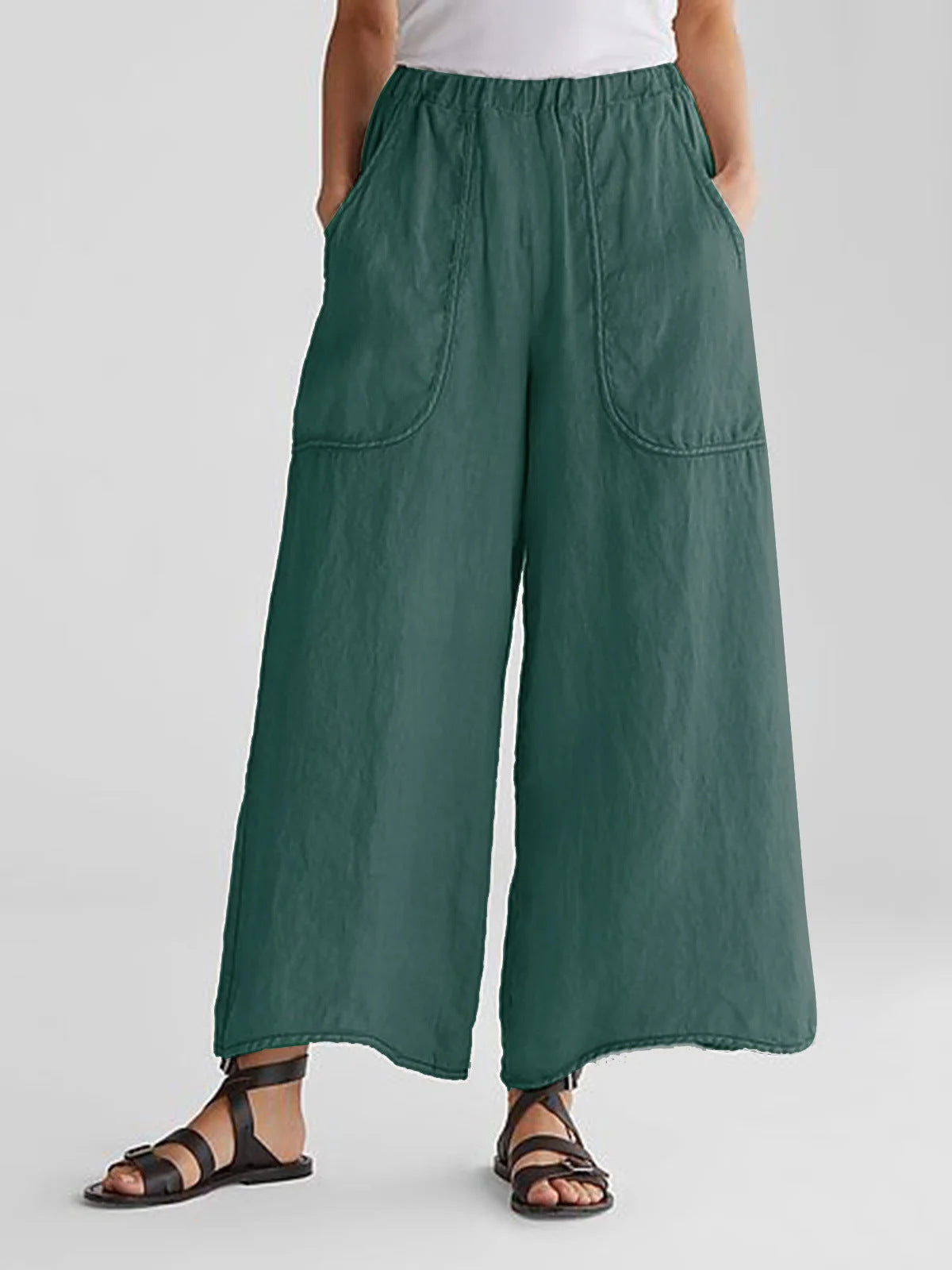 Wide Leg Cotton-Linen Pants with Pockets (One Piece)