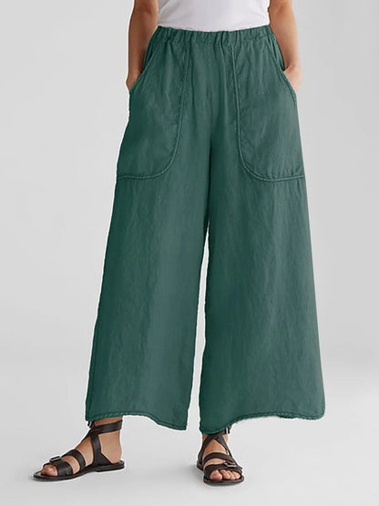 Wide Leg Cotton-Linen Pants with Pockets (One Piece)