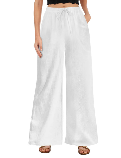 Buauty Plus Size Palazzo Cotton Linen Pants Women Wide Leg Pants Loose Fit Casual Comfy Lounge Flowy High Waist Trousers 2024 White