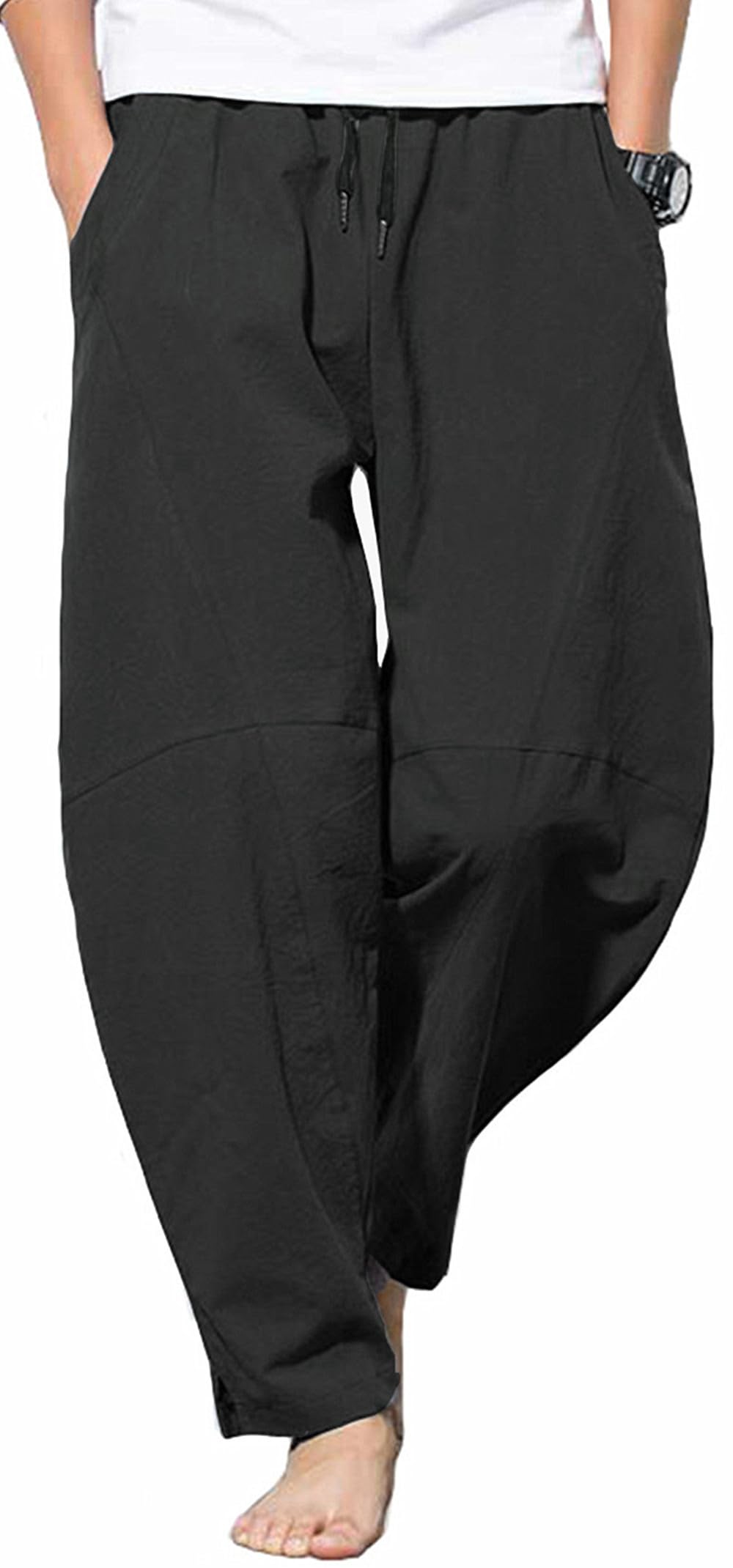 GUDEUBAI Mens Casual Cotton Linen Pants Elastic Waist Drawstring Beach Summer Lightweight Trousers (32 Black)