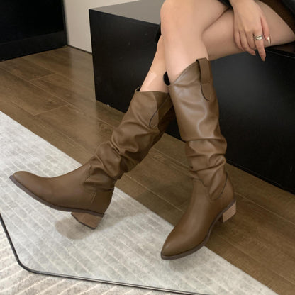 Large Pleated Belt Buckle Women's Mid-Tube Boots