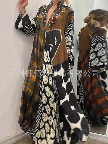 2022 Women's V-Neck Pocket Print Dress for Cross-Border Trade