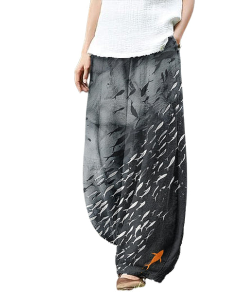 Ocean Print Cargo Pants for Women Cotton Linen Japanese Baggy Trouser Casual Boho Oil Painting Pants Wide Leg