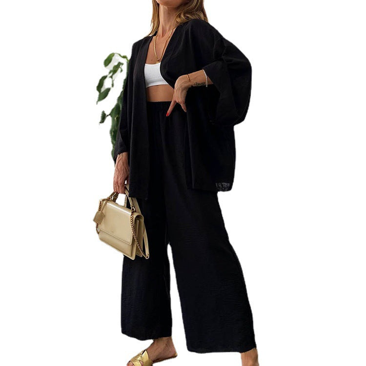 2023 Cotton Linen Cardigan & Wide Leg Pants Set