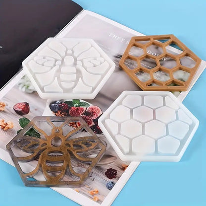 2pcs Bee Honeycomb Crystal Epoxy Coaster Mold Set