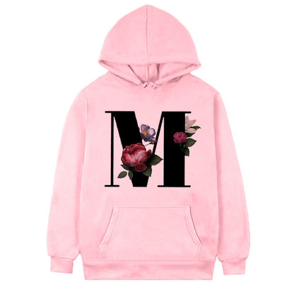Women's Fleece Hoodie with 26-Letter Flower Print