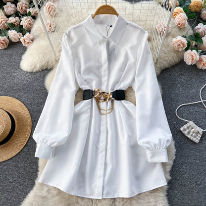 White Shirt Dress with Metal Buckle