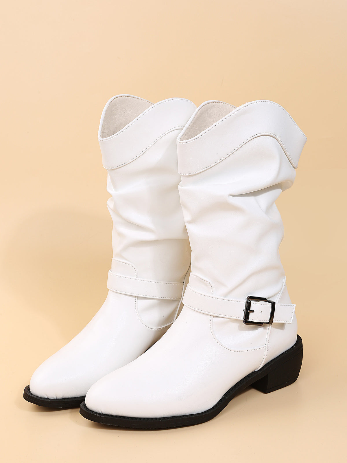 Large Pleated Belt Buckle Women's Mid-Tube Boots