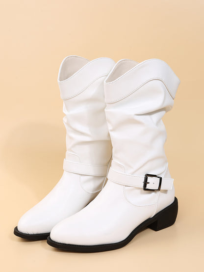 Large Pleated Belt Buckle Women's Mid-Tube Boots