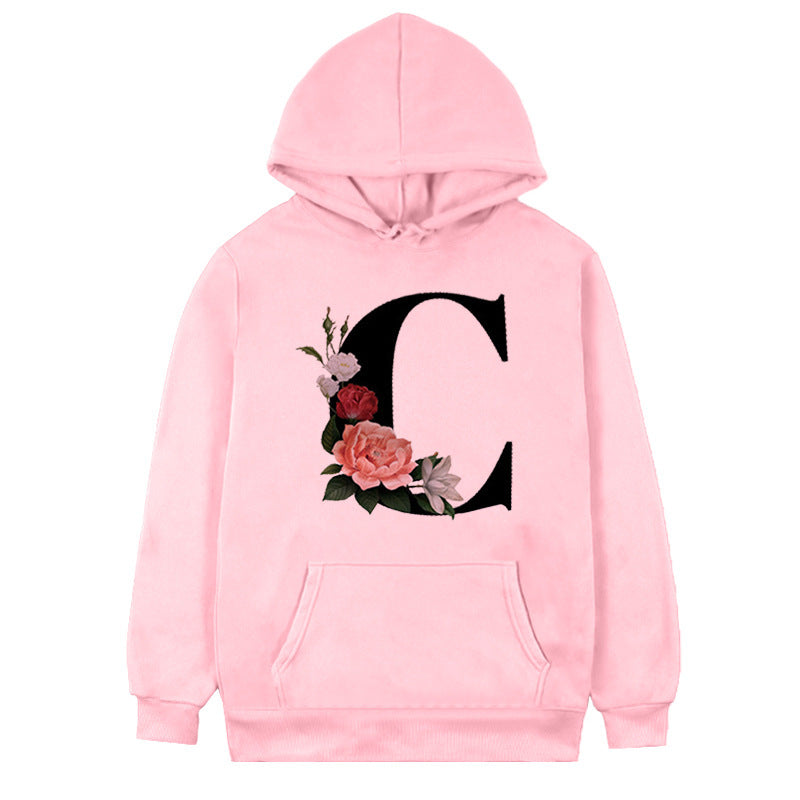 Women's Fleece Hoodie with 26-Letter Flower Print
