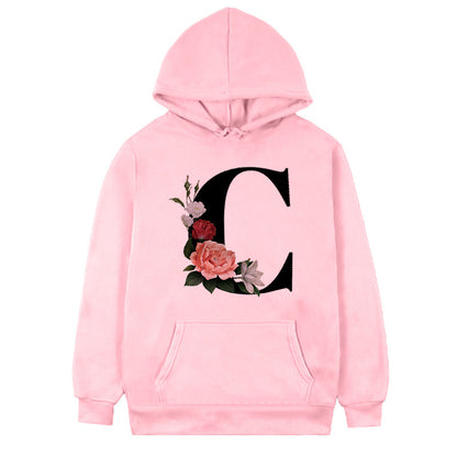 Women's Fleece Hoodie with 26-Letter Flower Print