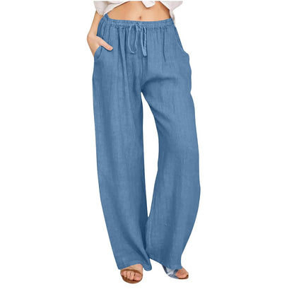 Borniu Womens Cotton Linen Pants Summer High Waisted Palazzo Pants Wide Leg Drawstring Elastic Waist Loose Comfy Trousers Watermelon Red