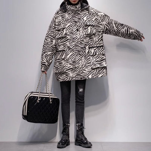 Women's Hooded Zebra-print Mid-length Trench Coat