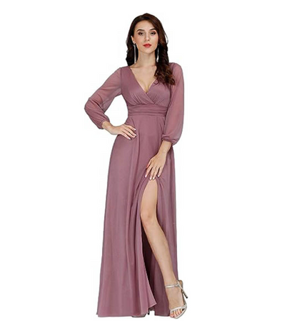 V-neck Long Sleeve Solid Color Dress with Slit Hem