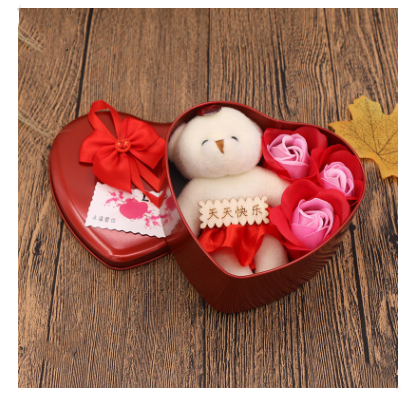 Soap Flower Gift Box with Bear and Heart-shaped Tin