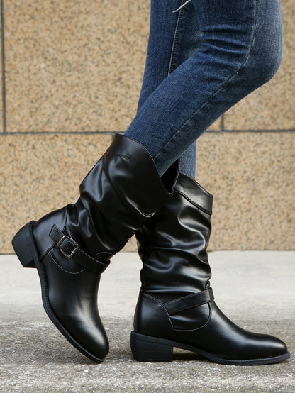 Large Pleated Belt Buckle Women's Mid-Tube Boots