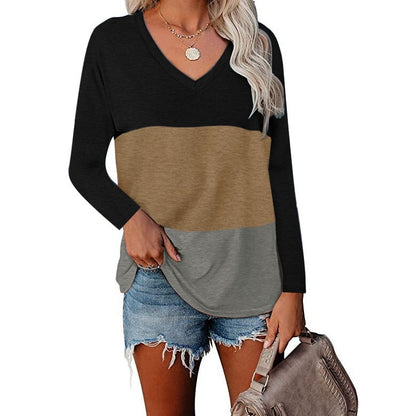 V-neck Long Sleeve Patchwork T-shirt