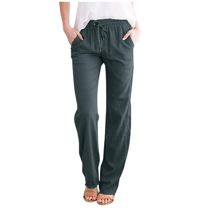 Womens Casual Pants Linen Pants Women Womens Casual Cotton Linen Pants Summer Relax Fit Elastic Waist Straight Leg Plus Size Solid Lounge Long Trousers F03_Dark GrayL