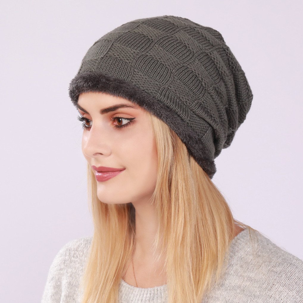Pleated Fleece Knitted Checkered Beanie for Men and Women