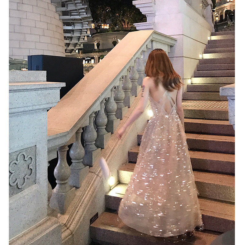 V-Neck Sequin Hollow Back Sexy Maxi Dress